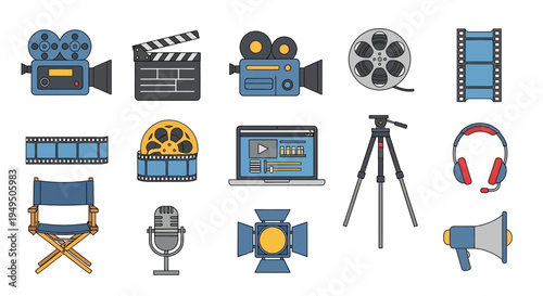 Filmmaking Equipment Icons Set: Camera, Clapperboard, Tripod, Microphone, Headphones, Projector, Film Reel