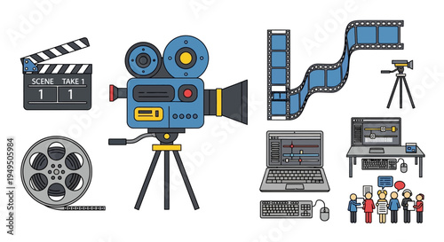Filmmaking Production Equipment and Process Icons Set