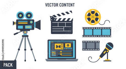 Vector Pack: Film Production Icons - Camera, Clapperboard, Film Reel, Laptop, Microphone