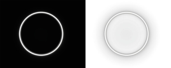 Minimalist glowing ring and soft gradient circle elements set on black and white backgrounds 