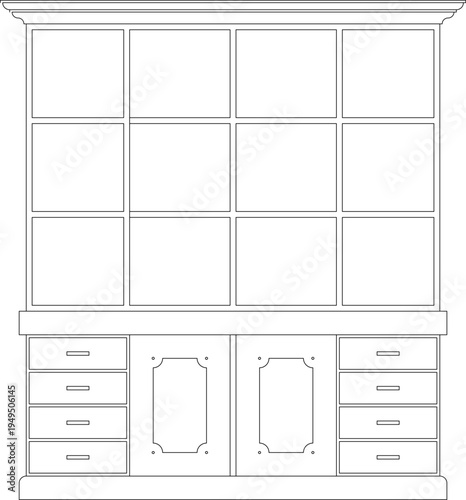 Technical architectural elevation drawing showing traditional built-in cabinet with upper panel doors, lower drawers and ornate cabinet doors with crown molding.