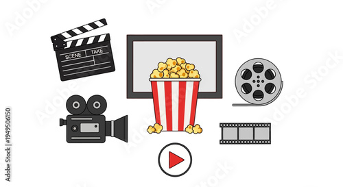 Cinema movie icons set: popcorn, camera, clapperboard, film reel, screen, play button