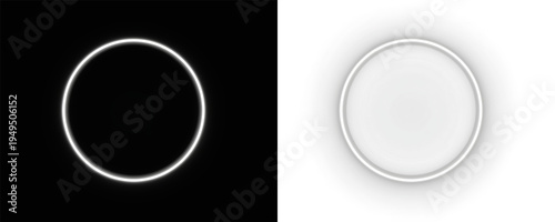 Minimalist glowing ring and soft gradient circle elements set on black and white backgrounds 