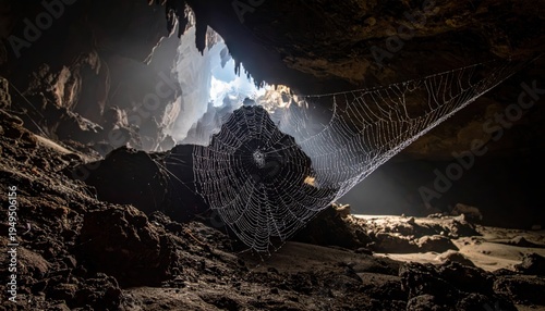 Intricate shimmering spiderweb stretched across a vast, dark, rocky cave cavern, illuminated by subtle light sources