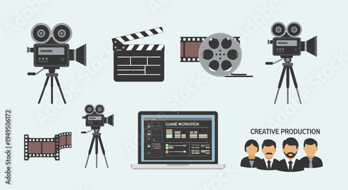 Creative Production: Film Equipment, Editing Laptop, and Team Icons for Media Creation