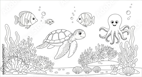 Underwater scene featuring fish, a turtle, and an octopus among coral reefs.