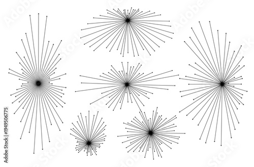 Radial arrow set. Black sunburst arrows pointing from center, divergent arrowheads and linear pointer elements. Minimalist starburst rays, radiating line graphics, pointing outward