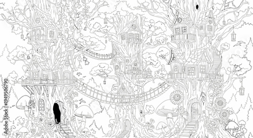 Intricate monochrome doodle illustration featuring creatures and shapes in a dense pattern.