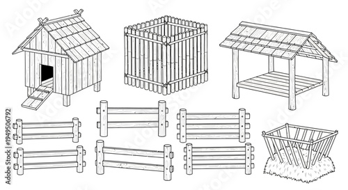 Collection of wooden frame structures, fences, crates, and shelter components for building projects.