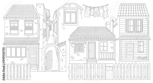 Row of detailed residential houses with arched passageways and tiled roofs.