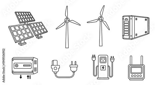 Collection of Renewable Energy Icons Including Solar Panels, Wind Turbines, and Household Electrical Devices.