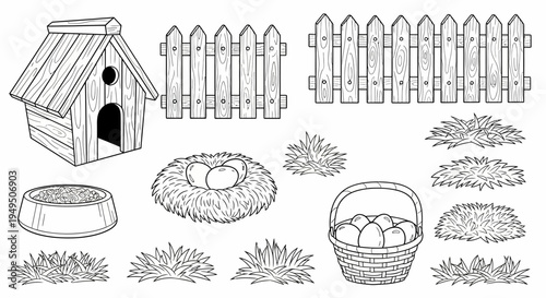 Rural yard scene with doghouse, wooden fence, garden items and grassy patches in a simple outdoor setting.