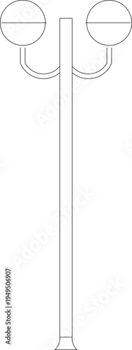 Technical architectural elevation drawing showing decorative street lamp post with two spherical globe lights mounted on curved arms for outdoor landscape lighting.