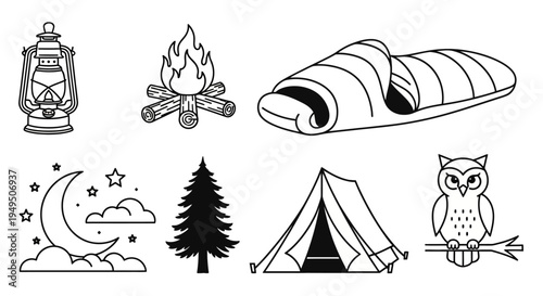 Outdoor camping scene featuring lantern, campfire, tent, trees, owl and night sky illustration.