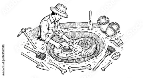 A skilled potter shapes clay on a wheeled potter's wheel, surrounded by traditional hand tools in a busy studio.