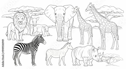 Sketch of a variety of African safari animals including elephants, giraffes, zebras and antelopes.