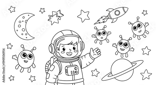 Playful illustration of a girl astronaut exploring space with planets and stars around her.