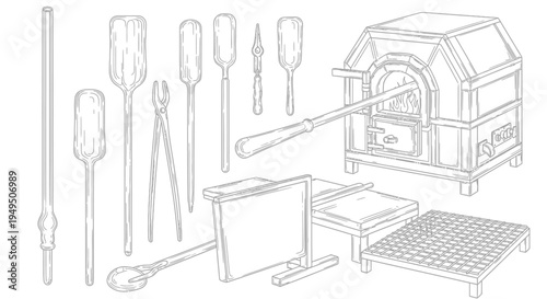 Assorted workshop tools and brick forge with metal grate and workbench in a small workshop.