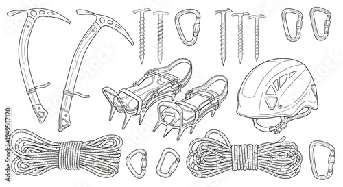 Line drawing of climbing gear including rope, carabiners, helmet, and harness laid out for training and safety.