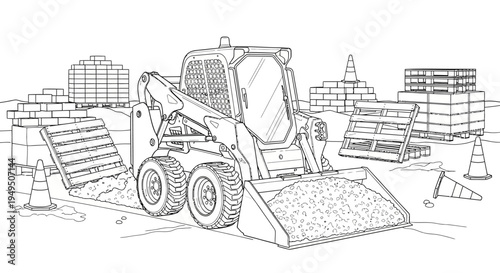 Active construction site with heavy machinery, dirt piles, and safety cones.