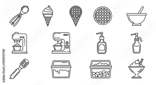 Doodle icon set featuring ice cream cones, bowls, jars and kitchen tools in line art style for graphic resources.
