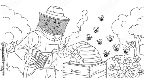 Beekeeper in Protective Suit Tending Beehive and Busy Bees Outdoors.