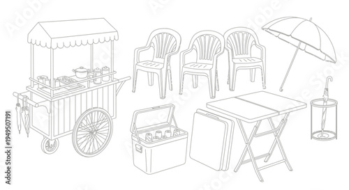 Sketch illustration of outdoor leisure scene with popcorn cart, chairs, umbrella, and picnic table setup.