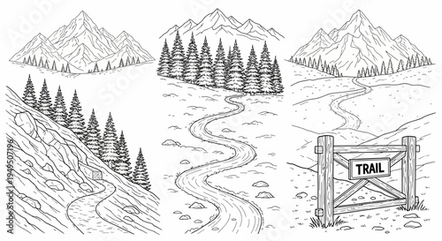 Serene mountain landscape with a winding trail through pine forest and rugged hills.