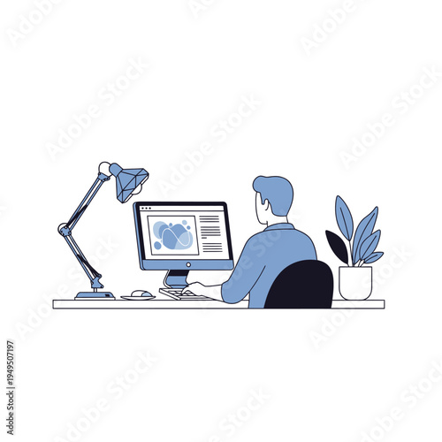 Man working on computer at desk with lamp and plant, remote work, office setup