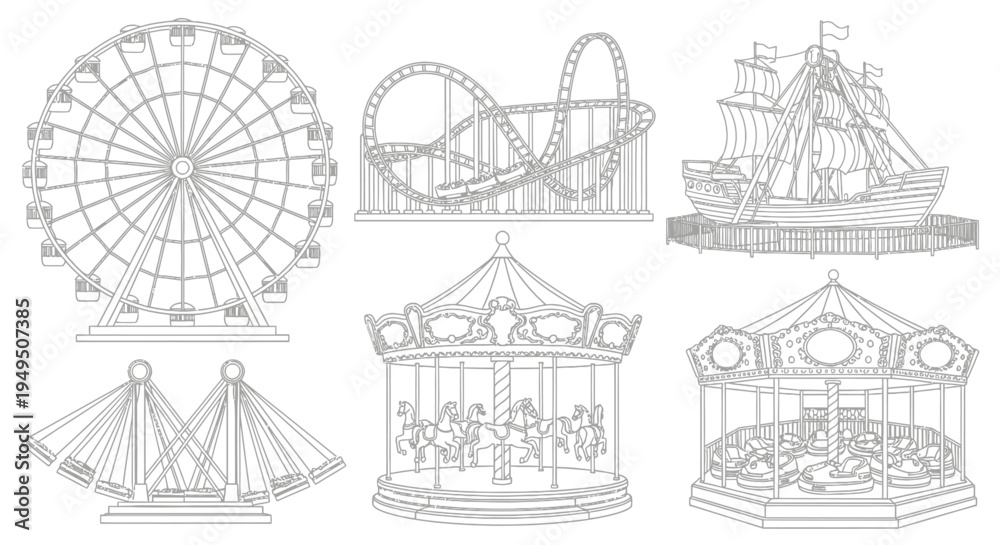 Fototapeta premium Collection of Classic Amusement Park Rides including Ferris Wheel, Roller Coaster, Carousel and Ship Swing.