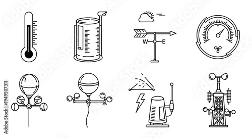 Assorted science and measurement icons featuring thermometer, beaker, flask, scale, gauge, clock, and lab equipment for educational and research themes.