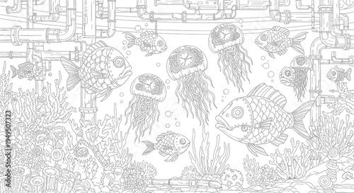Underwater Line Art Scene Featuring Diverse Ocean Creatures.