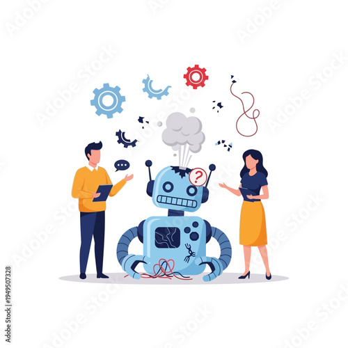 Robots malfunction, engineers troubleshoot broken machine, artificial intelligence repair concept
