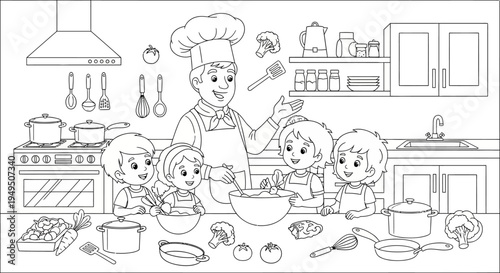 Chef and children cooking together in a cozy kitchen.