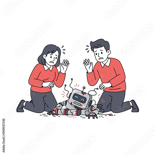 Sad couple watches broken robot fall down, concept of technology failure and disappointment