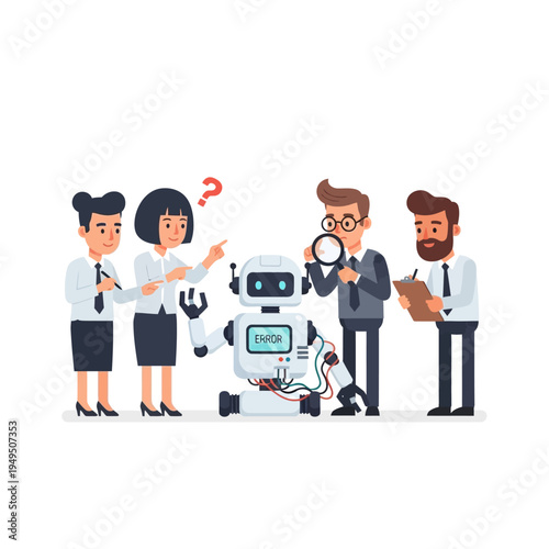 Team inspects broken robot displaying error message, troubleshooting technology problem