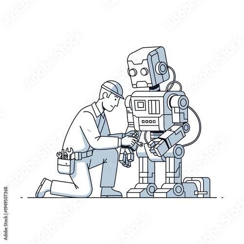 Technician fixing a robot, artificial intelligence, engineering, innovation, futuristic technology concept