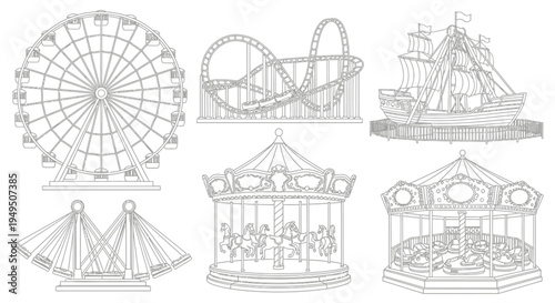 Collection of Classic Amusement Park Rides including Ferris Wheel, Roller Coaster, Carousel and Ship Swing.