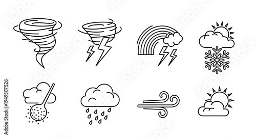 Set of hand-drawn weather icons including tornado, cyclone, storm cloud, rain, wind, sun and snow.