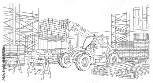 Line drawing of construction site with heavy machinery, scaffolding, and developing infrastructure at a worksite.