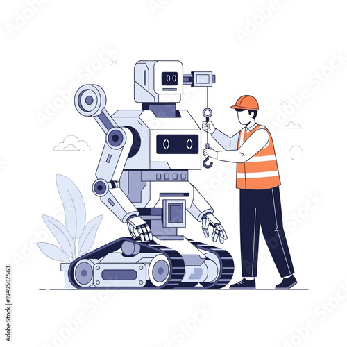 Engineer Inspecting Advanced Robot with Crane Hook, Futuristic Technology Concept