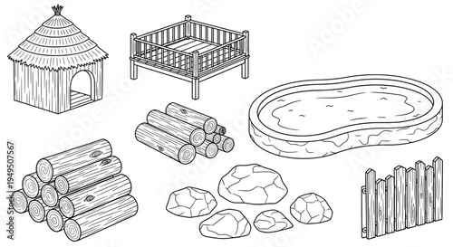 Outdoor rustic yard scene featuring a dog house, stacked logs, fence, rocks, and a small pool.