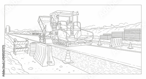 Line drawing of road construction with heavy machinery on a worksite.