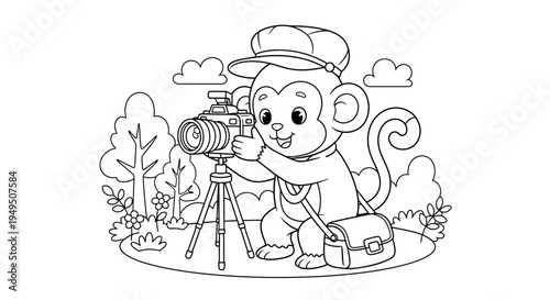 Playful cartoon bear photographer capturing a cheerful outdoor park scene.