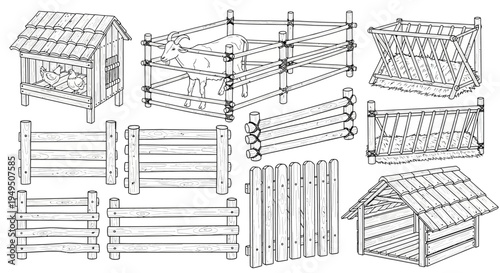 Collection of wooden livestock enclosures, pens, and fence panels for farmyard design and assembly.