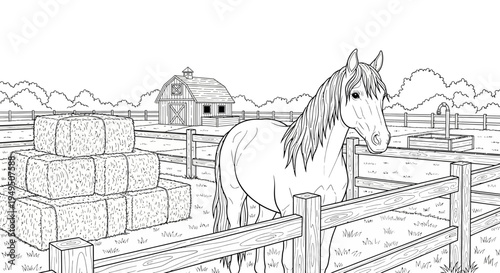 Pasture scene with a horse by a wooden fence, barn, and hay bales on a tranquil rural farm landscape.