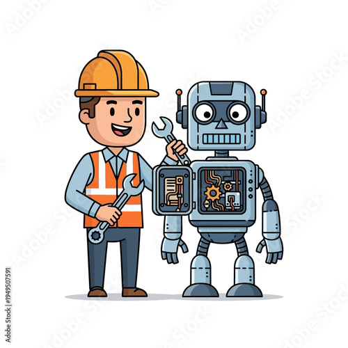 Engineer repairing a robot with tools, teamwork, innovation, and technology concept