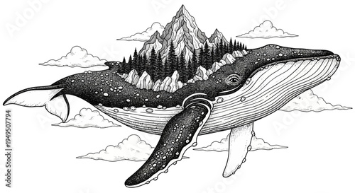 Surreal whale carrying an island and mountain on its back in ink illustration.