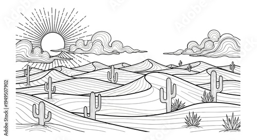 Desert Landscape with Cacti, Dunes, and a Bright Sun in Horizon.