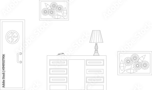 Technical architectural elevation drawing showing bedroom interior with door, dresser with drawers, table lamp, and framed floral artwork on walls.